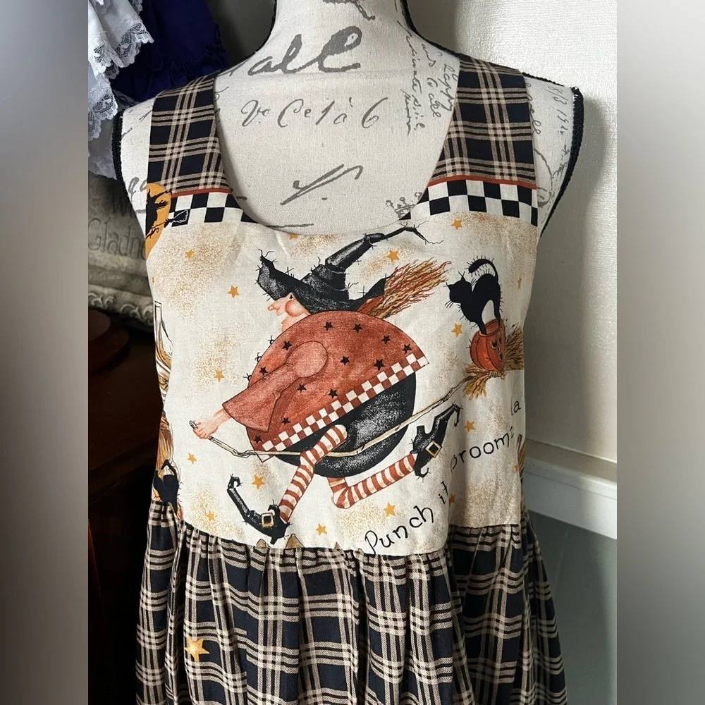 🧡 Rare Vintage Handmade Halloween Witch Black Cat Pumpkin Harvest Dress M - Picture 6 of 8